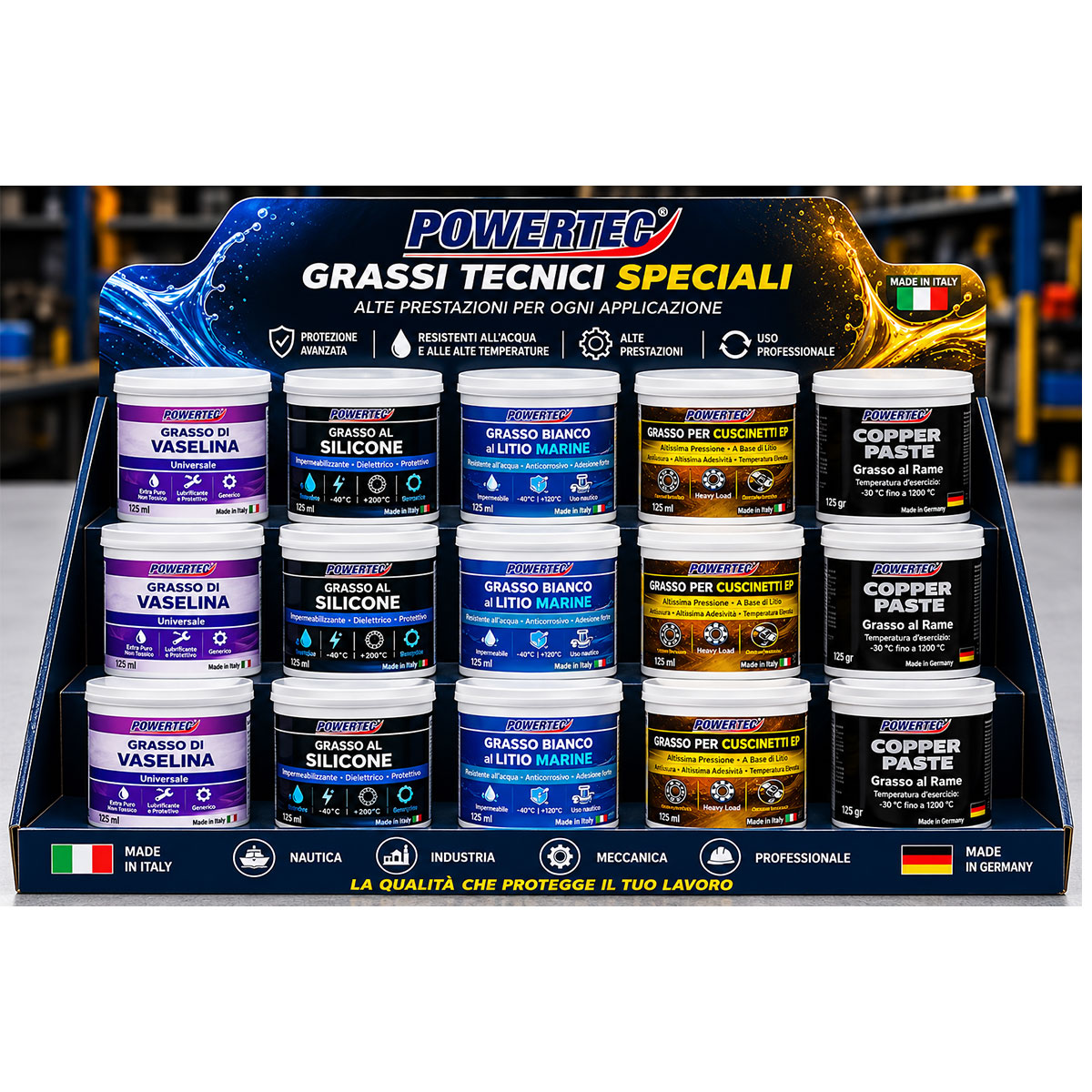 Espositore POWERTEC con 15 grassi tecnici speciali: vaselina, silicone, litio marine, cuscinetti EP e rame. Ideale per uso professionale.